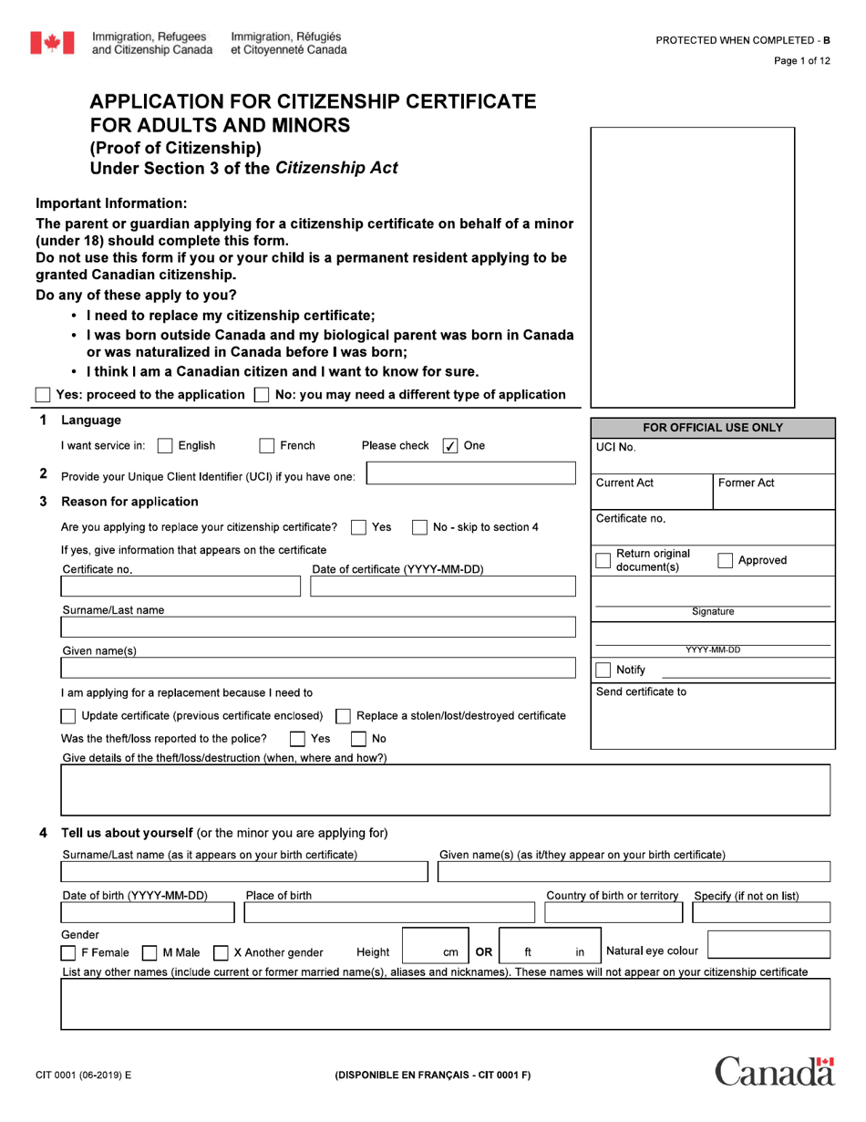 Form CIT0001 Application for Citizenship Certificate for Adults and Minors (Proof of Citizenship) - Canada, Page 1