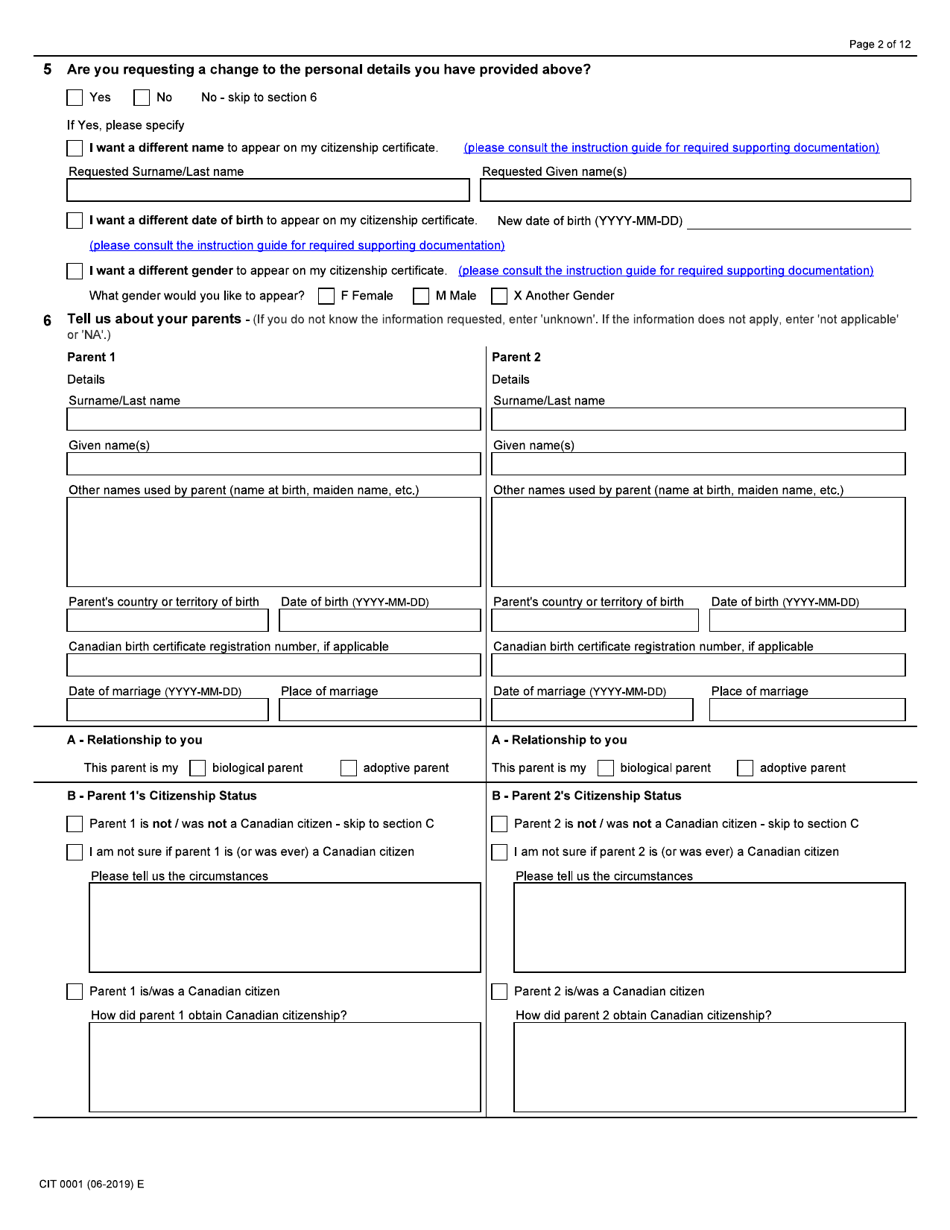 Form CIT0001 Application for Citizenship Certificate for Adults and Minors (Proof of Citizenship) - Canada, Page 2