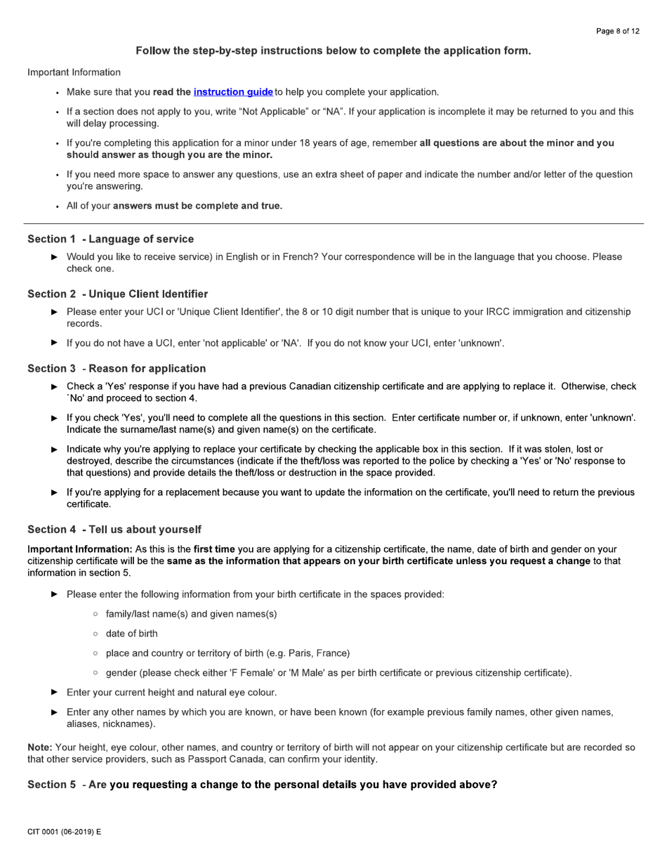 Form CIT0001 Application for Citizenship Certificate for Adults and Minors (Proof of Citizenship) - Canada, Page 8