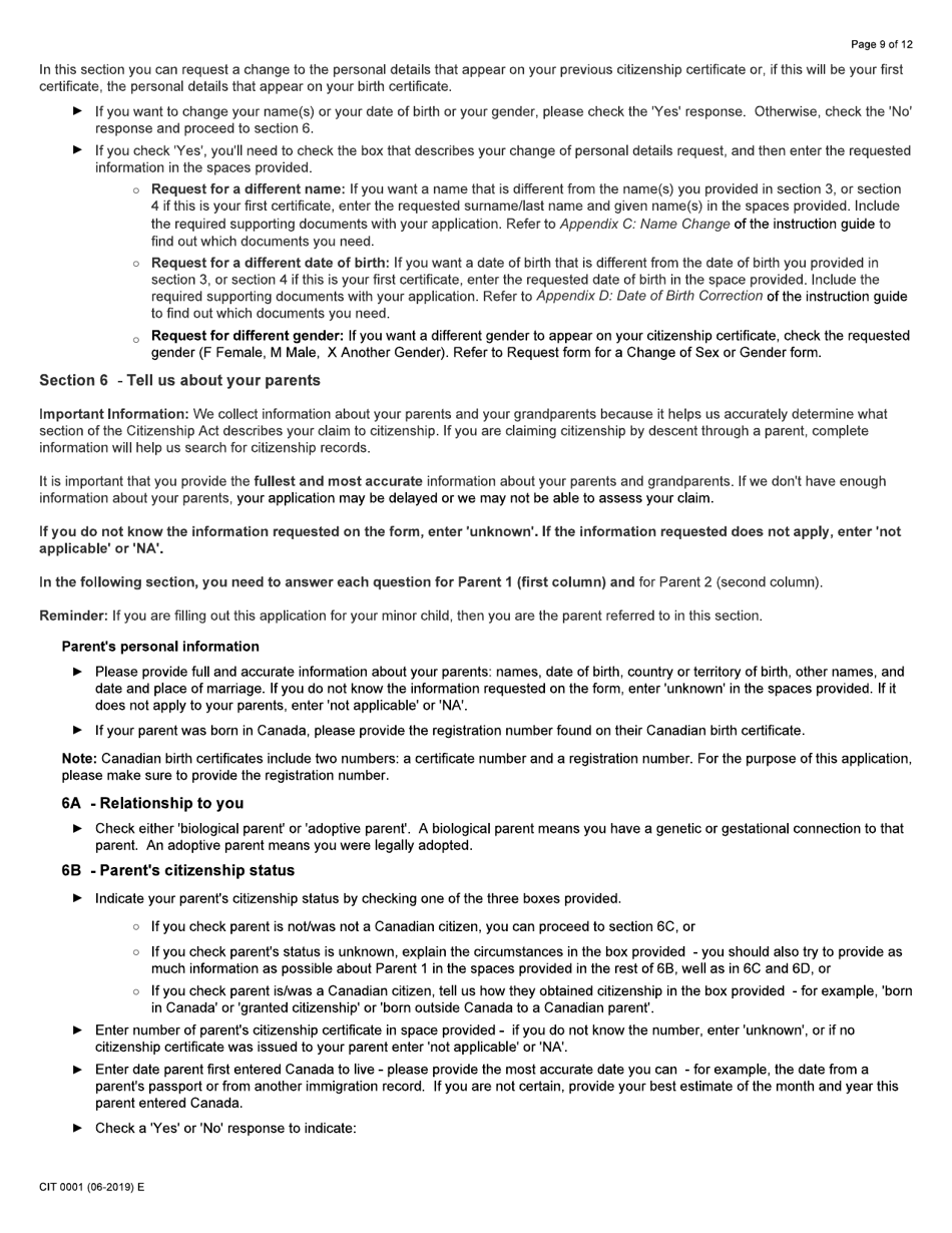 Form CIT0001 Application for Citizenship Certificate for Adults and Minors (Proof of Citizenship) - Canada, Page 9