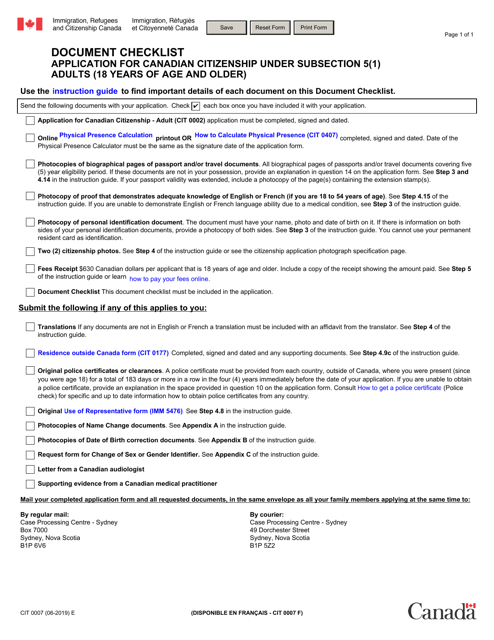 Form CIT007 Document Checklist - Application for Canadian Citizenship Under Subsection 5(1) Adults (18 Years of Age and Older) - Canada