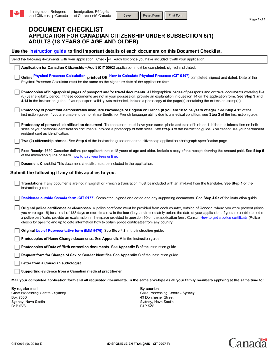 Form CIT007 Document Checklist - Application for Canadian Citizenship Under Subsection 5(1) Adults (18 Years of Age and Older) - Canada, Page 1