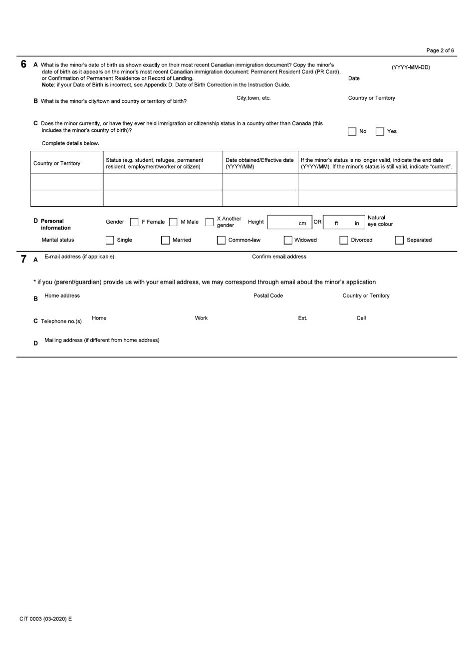 Form CIT0003 Application for Canadian Citizenship - Minors (Under 18 Years of Age) Under Subsection 5(2) - Canada, Page 2