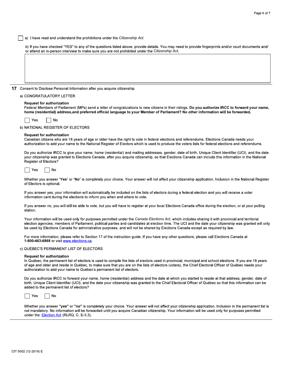 Form CIT0002 Application for Canadian Citizenship Adults (18 Years of Age or Older) Applying Under Subsection 5(1) - Canada, Page 6