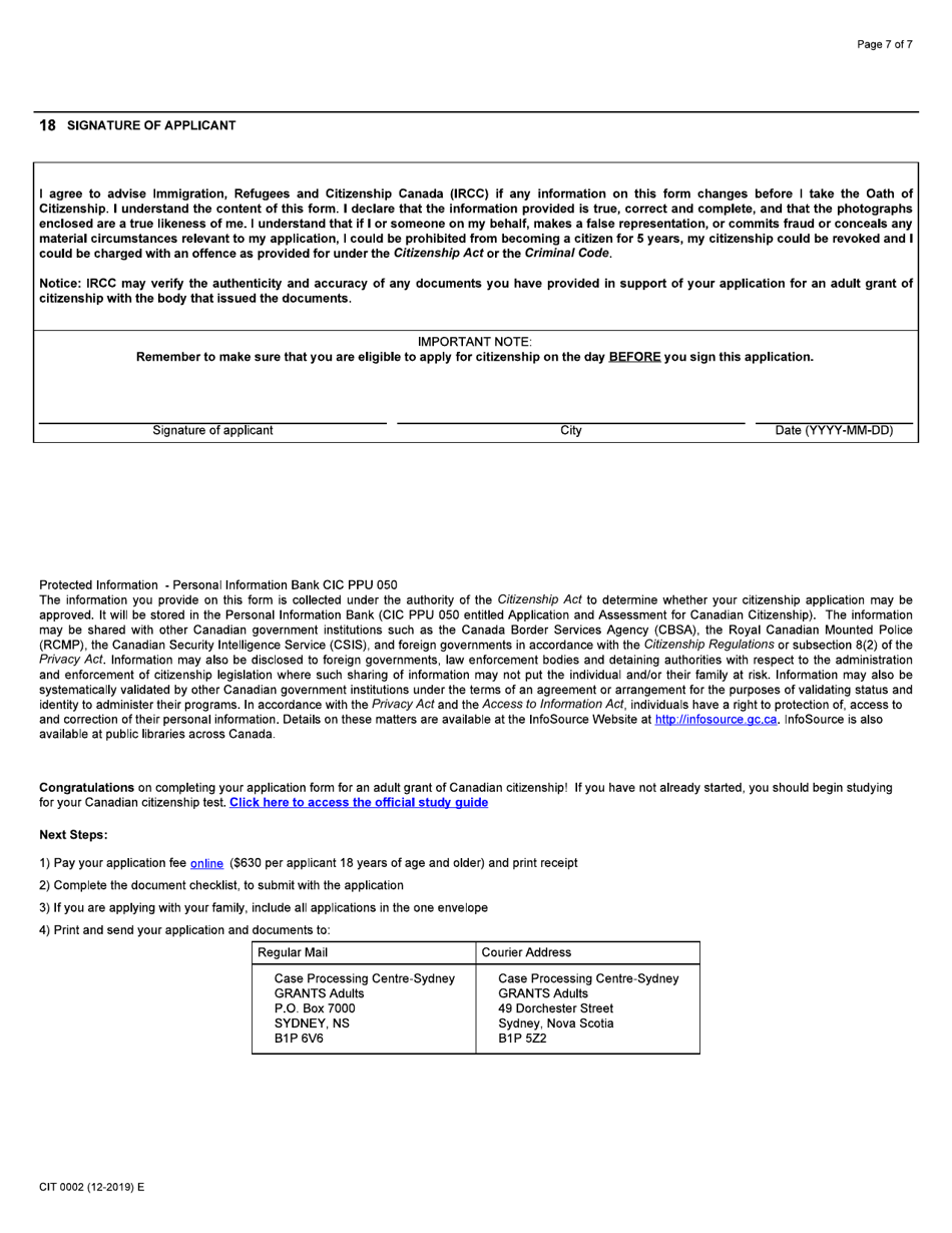 Form CIT0002 Application for Canadian Citizenship Adults (18 Years of Age or Older) Applying Under Subsection 5(1) - Canada, Page 7