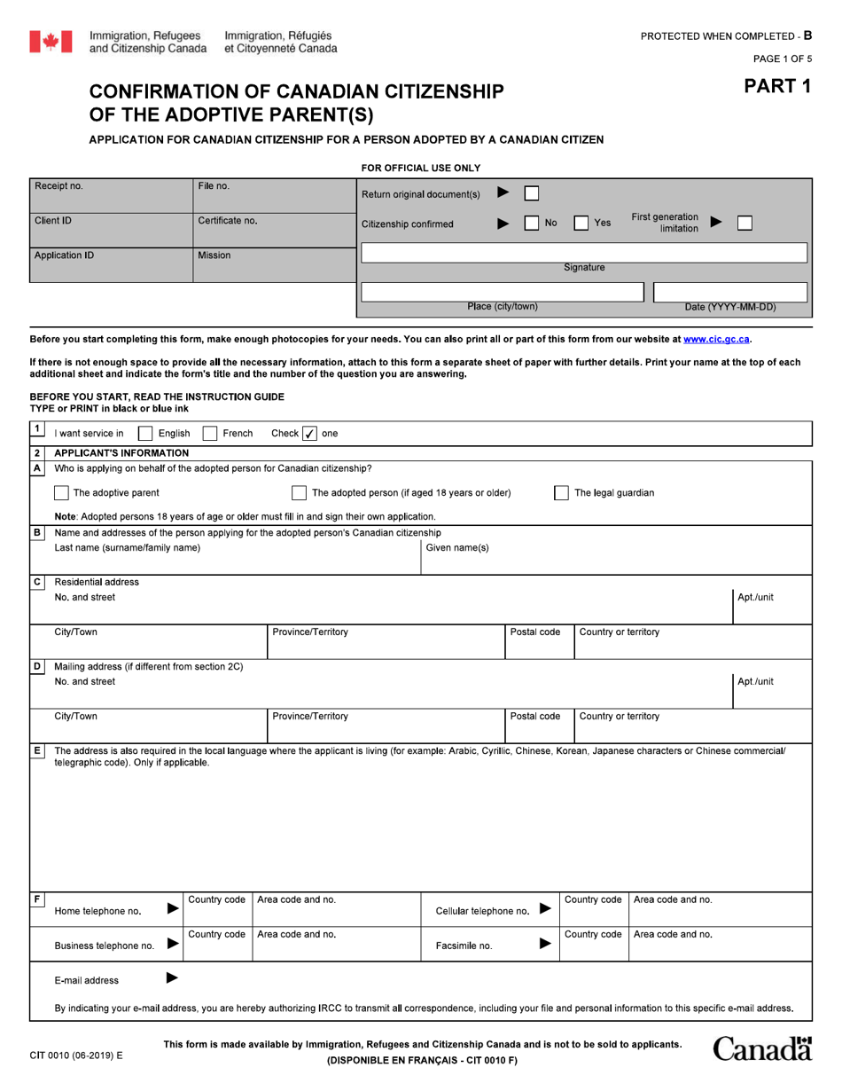 Form CIT0010 Part 1 Confirmation of Canadian Citizenship of the Adoptive Parent(S) - Canada, Page 1