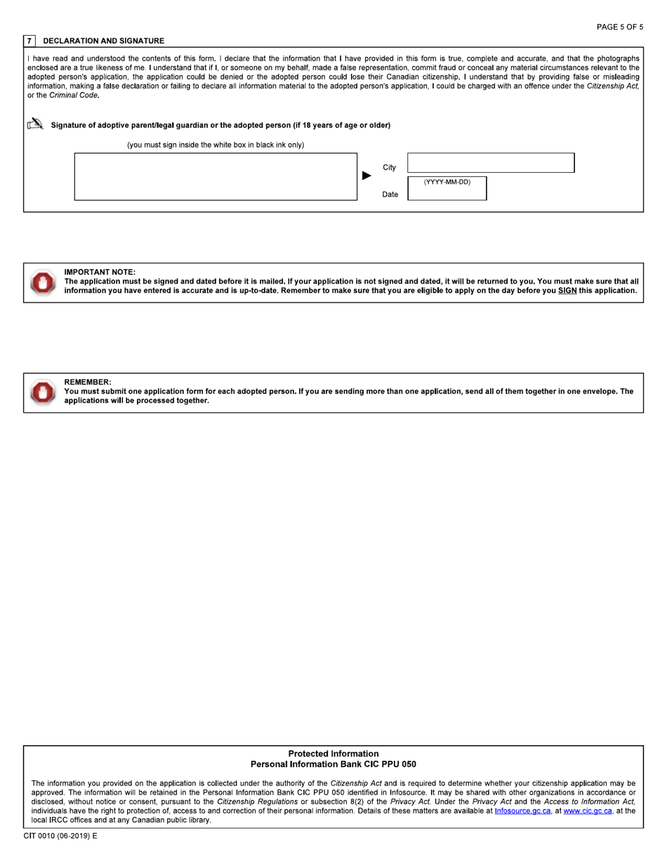 Form CIT0010 Part 1 Confirmation of Canadian Citizenship of the Adoptive Parent(S) - Canada, Page 5