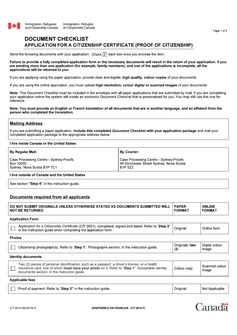 Form CIT0014 Document Checklist - Application for a Citizenship Certificate (Proof of Citizenship) - Canada, Page 1