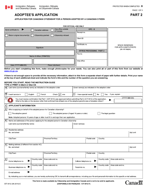Form CIT0012 Adoptee&#039;s Application - Canada