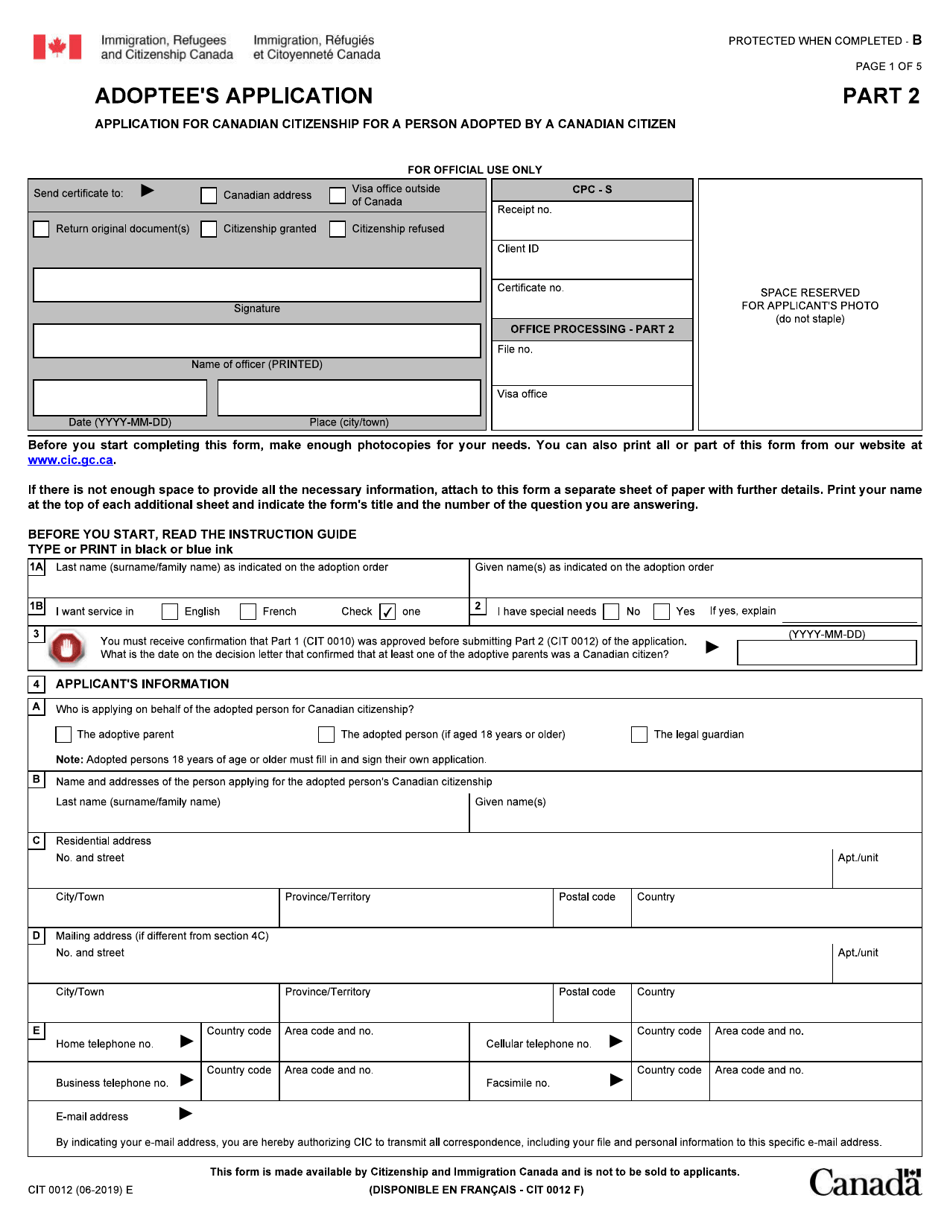 Form CIT0012 Adoptees Application - Canada, Page 1