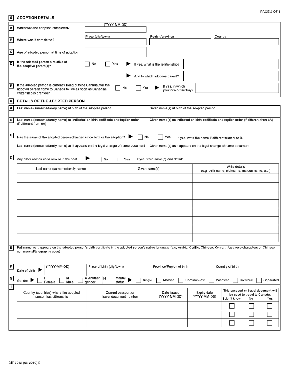 Form CIT0012 Adoptees Application - Canada, Page 2