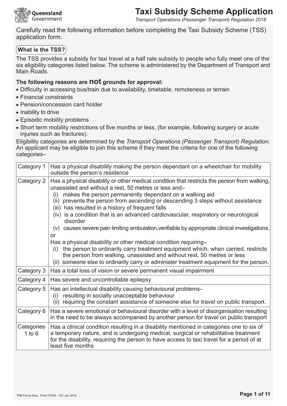 Form F2330 Taxi Subsidy Scheme Application - Queensland, Australia, Page 1