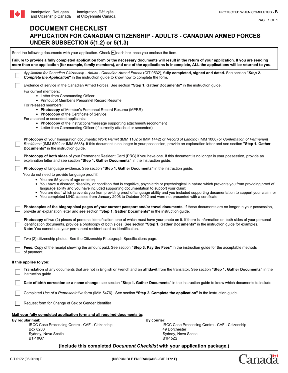 Form CIT0172 Document Checklist - Application for Canadian Citizenship - Adults - Canadian Armed Forces Under Subsection 5(1.2) or 5(1.3) - Canada, Page 1