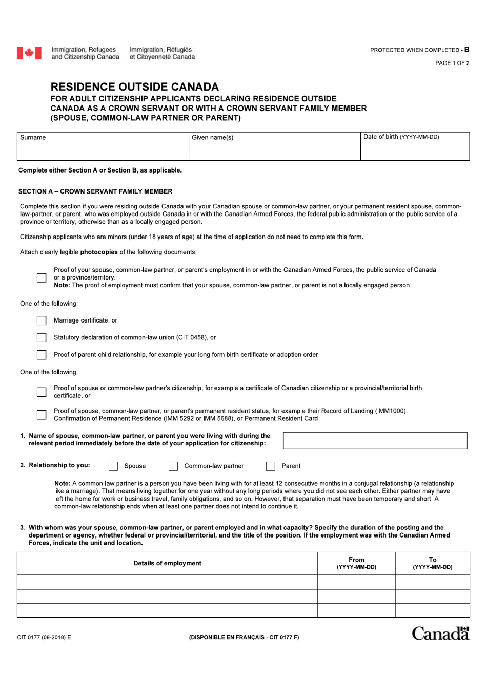 Form CIT0177 Residence Outside Canada for Adult Citizenship Applicants Declaring Residence Outside Canada as a Crown Servant or With a Crown Servant Family Member (Spouse, Common-Law Partner or Parent) - Canada, Page 1