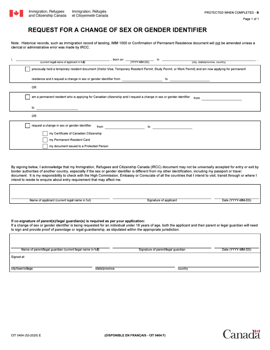 Form CIT0404 Request for a Change of Sex or Gender Identifier - Canada, Page 1