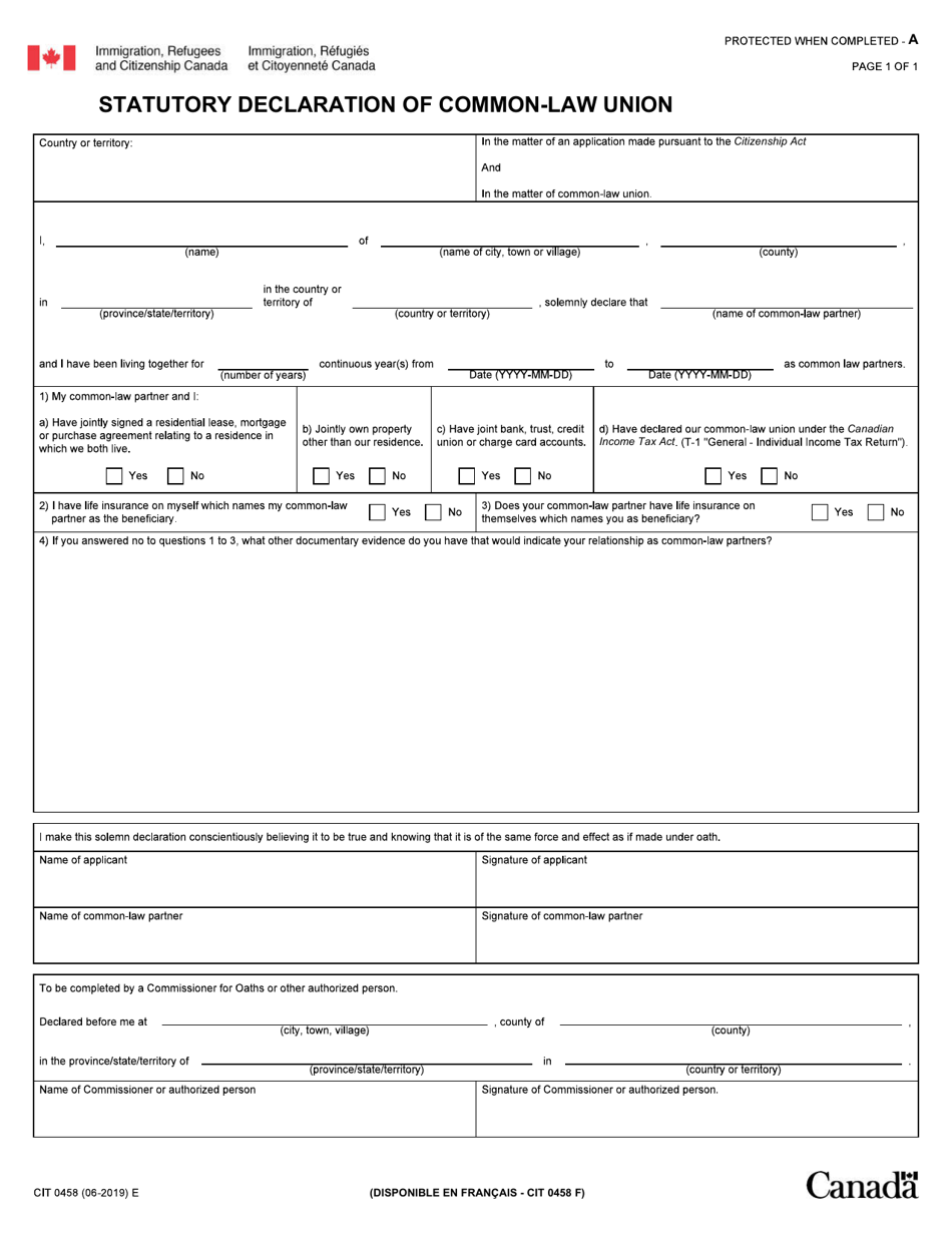 Form CIT0458 Statutory Declaration of Common-Law Union - Canada, Page 1