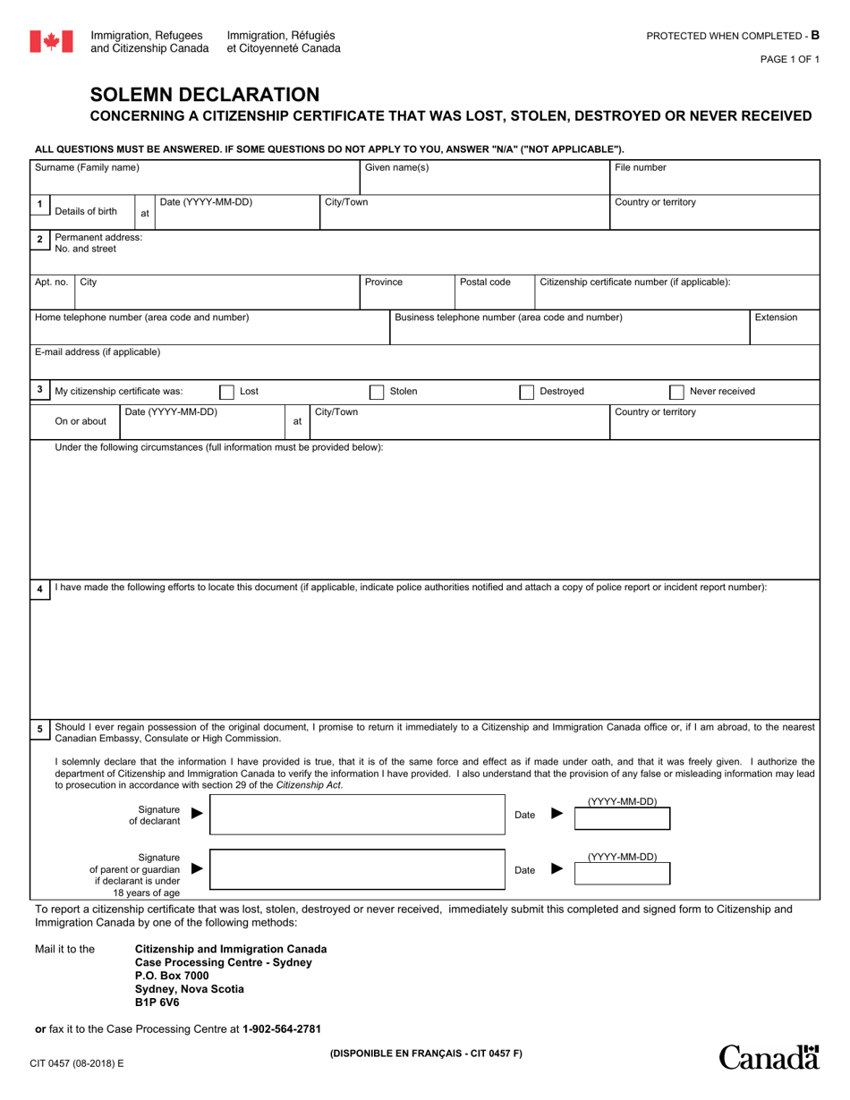 Form CIT0457 Solemn Declaration Concerning a Citizenship Certificate That Was Lost, Stolen, Destroyed or Never Received - Canada, Page 1