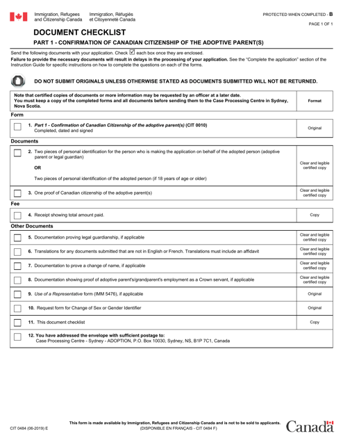 Form CIT0484 Part 1 Document Checklist - Confirmation of Canadian Citizenship of the Adoptive Parent(S) - Canada