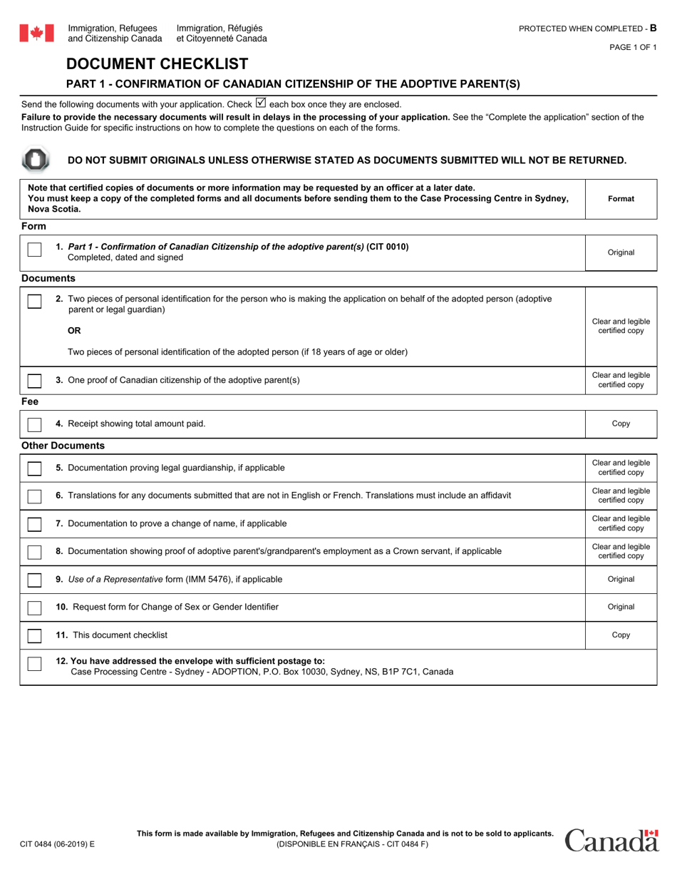 Form CIT0484 Part 1 Document Checklist - Confirmation of Canadian Citizenship of the Adoptive Parent(S) - Canada, Page 1