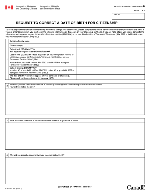 Form CIT0464 Request to Correct a Date of Birth for Citizenship - Canada