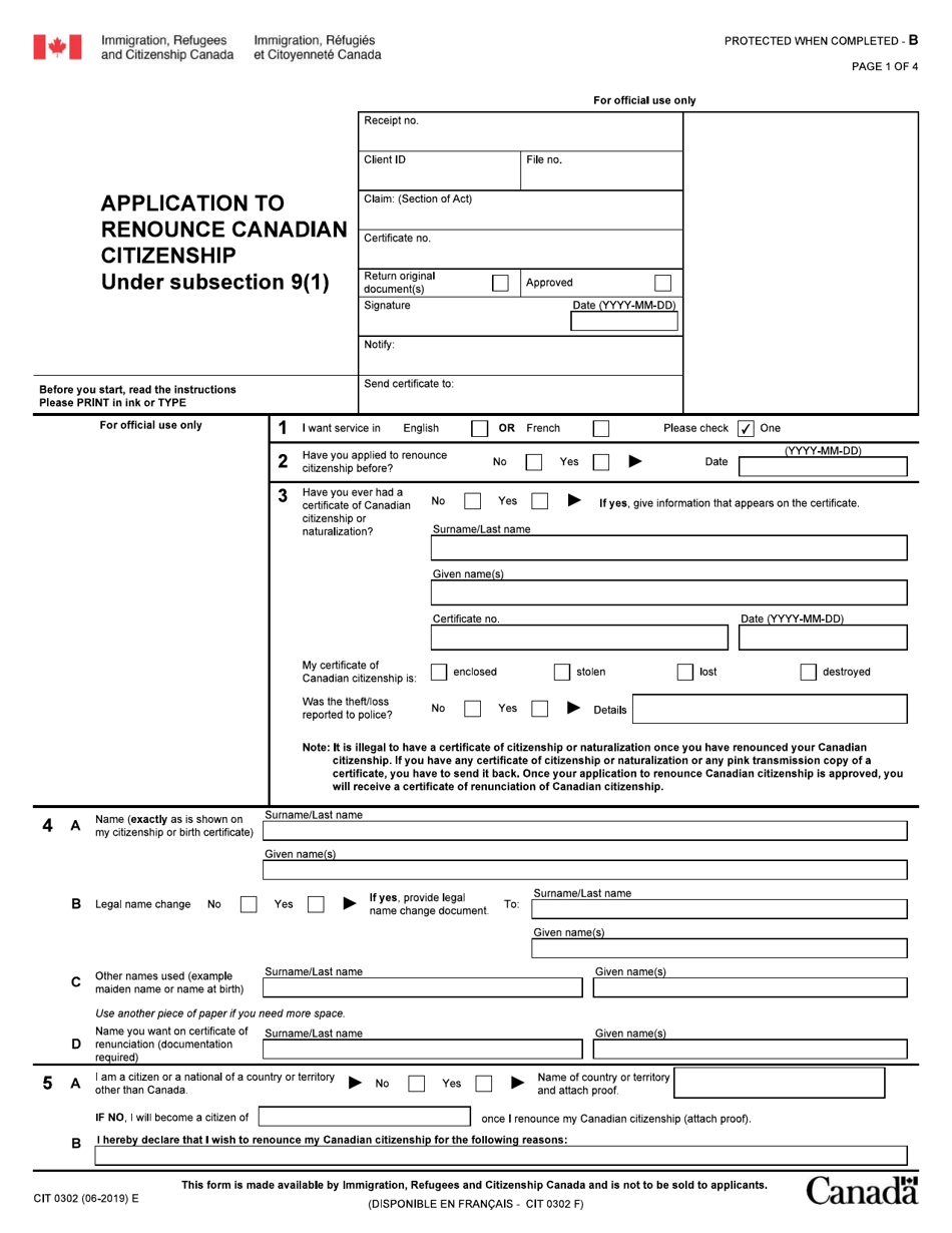 Form CIT0302 Application to Renounce Canadian Citizenship Under Subsection 9(1) - Canada, Page 1