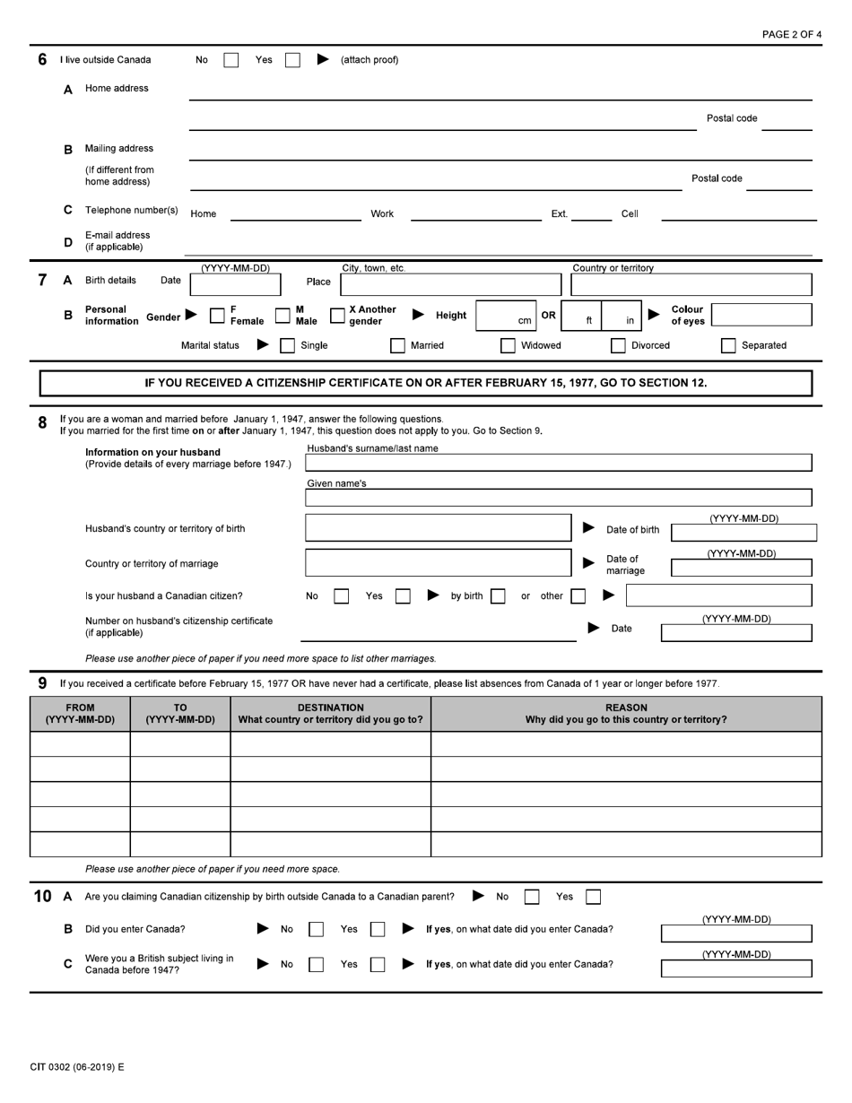 Form CIT0302 Application to Renounce Canadian Citizenship Under Subsection 9(1) - Canada, Page 2