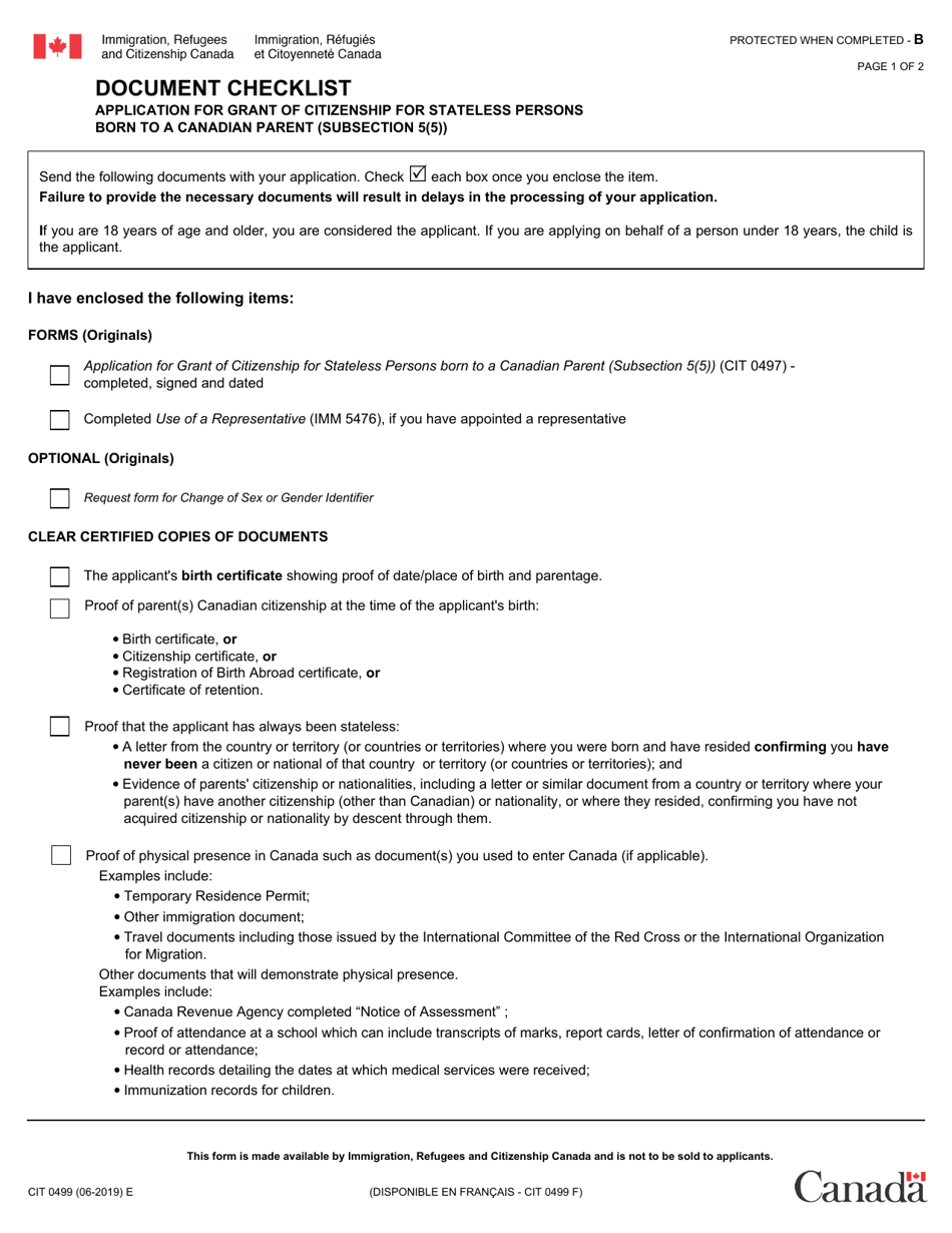Form CIT0499 Document Checklist - Application for Grant of Citizenship for Stateless Persons Born to a Canadian Parent (Subsection 5(5)) - Canada, Page 1