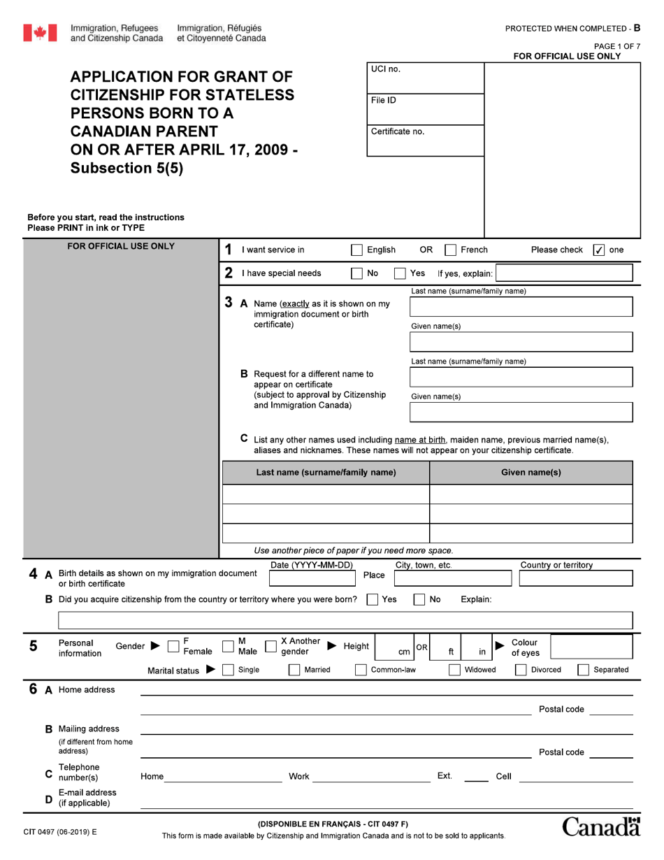 Form CIT0497 Application for Grant of Citizenship for Stateless Persons Born to a Canadian Parent on or After April 17, 2009 - Subsection 5(5) - Canada, Page 1
