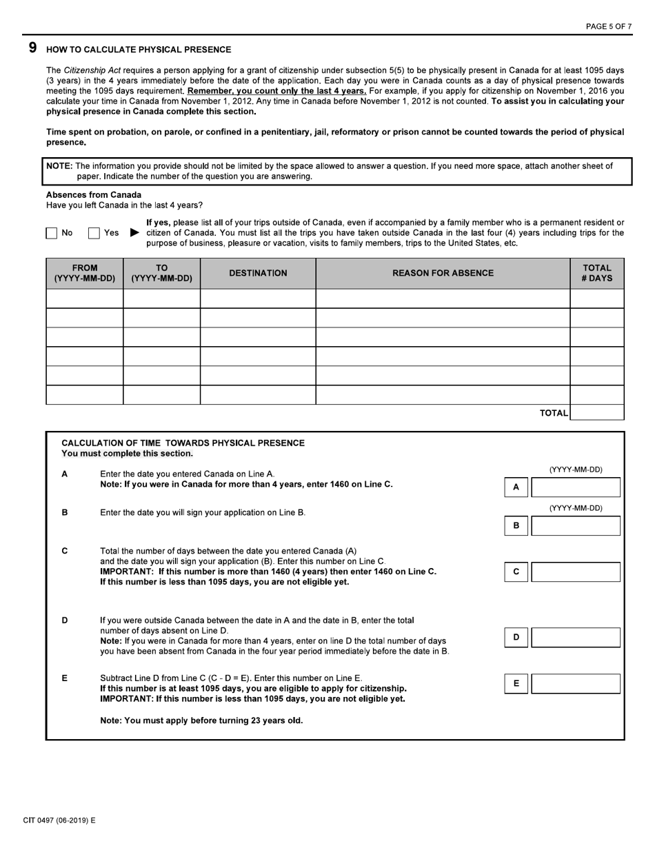 Form CIT0497 Application for Grant of Citizenship for Stateless Persons Born to a Canadian Parent on or After April 17, 2009 - Subsection 5(5) - Canada, Page 5