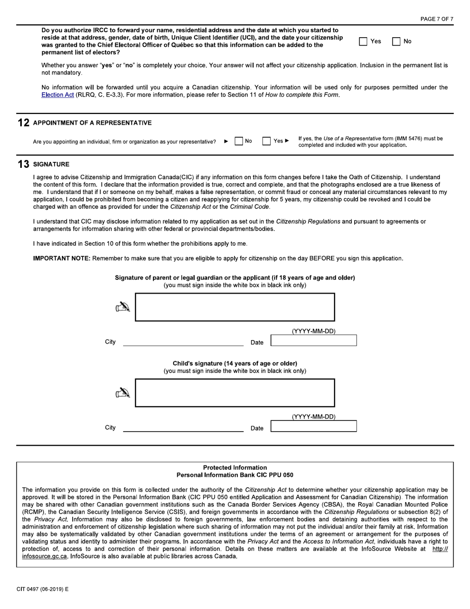 Form CIT0497 Application for Grant of Citizenship for Stateless Persons Born to a Canadian Parent on or After April 17, 2009 - Subsection 5(5) - Canada, Page 7