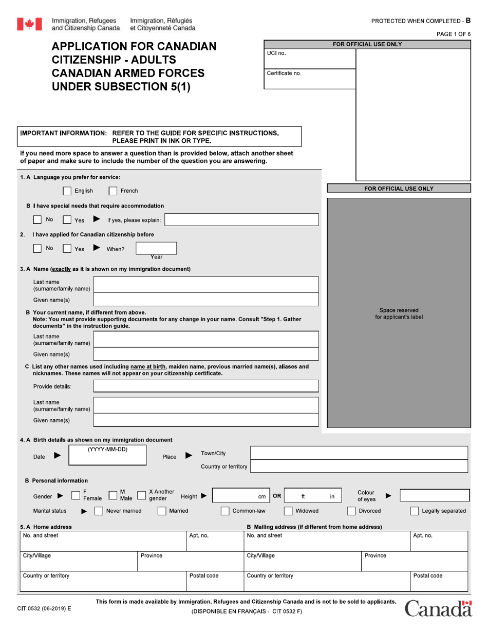 Form CIT0532 Application for Canadian Citizenship - Adults Canadian Armed Forces Under Subsection 5(1) - Canada, Page 1