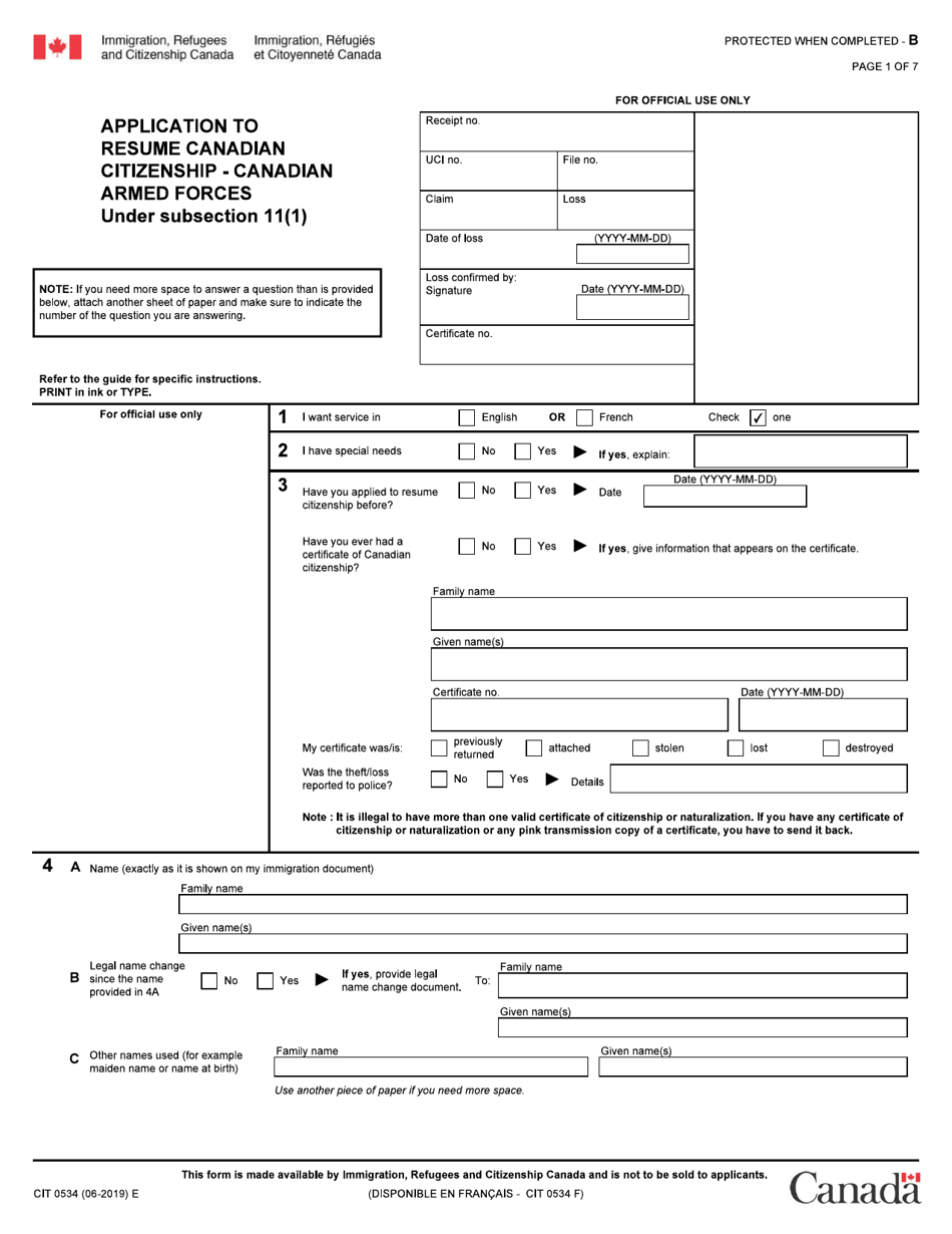 Form CIT0534 Application to Resume Canadian Citizenship - Canadian Armed Forces - Canada, Page 1