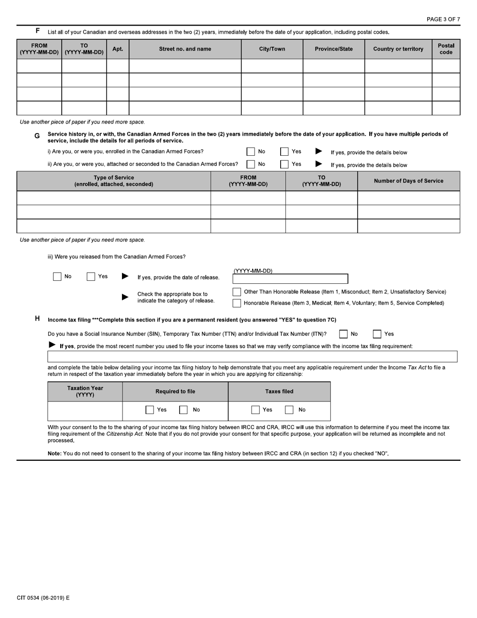 Form CIT0534 Application to Resume Canadian Citizenship - Canadian Armed Forces - Canada, Page 3