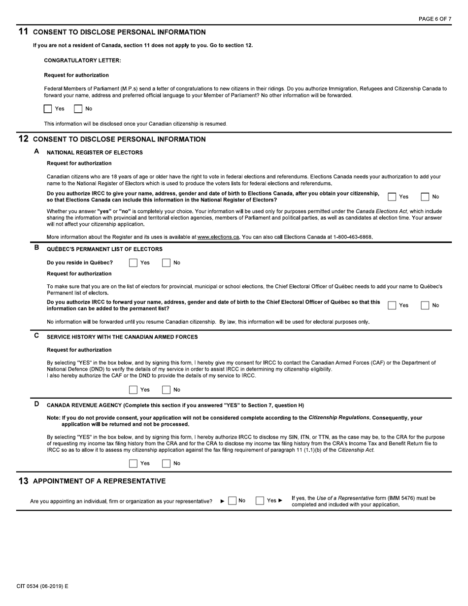 Form CIT0534 Application to Resume Canadian Citizenship - Canadian Armed Forces - Canada, Page 6