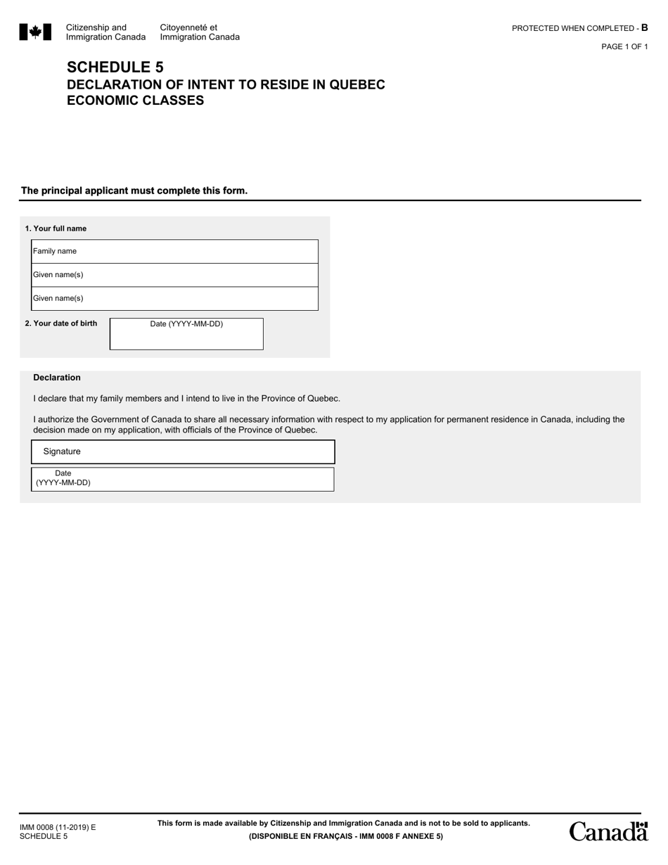 Form IMM0008 Schedule 5 Declaration of Intent to Reside in Quebec Economic Classes - Canada, Page 1