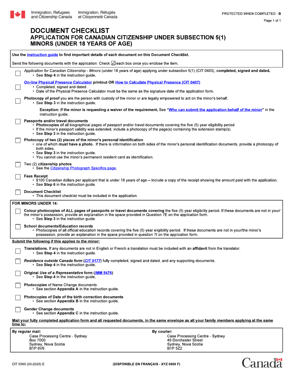 Form CIT0560 Document Checklist - Application for Canadian Citizenship Under Subsection 5(1) Minors (Under 18 Years of Age) - Canada, Page 1