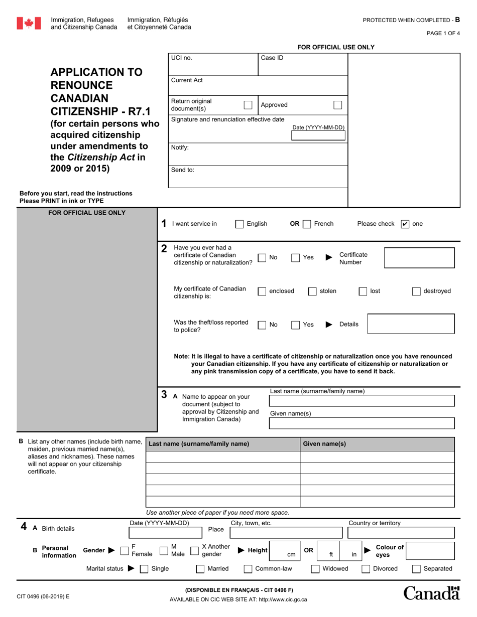 Form CIT0496 Application to Renounce Canadian Citizenship - R7.1 (For Certain Persons Who Acquired Citizenship Under Amendments to the Citizenship Act in 2009 or 2015) - Canada, Page 1