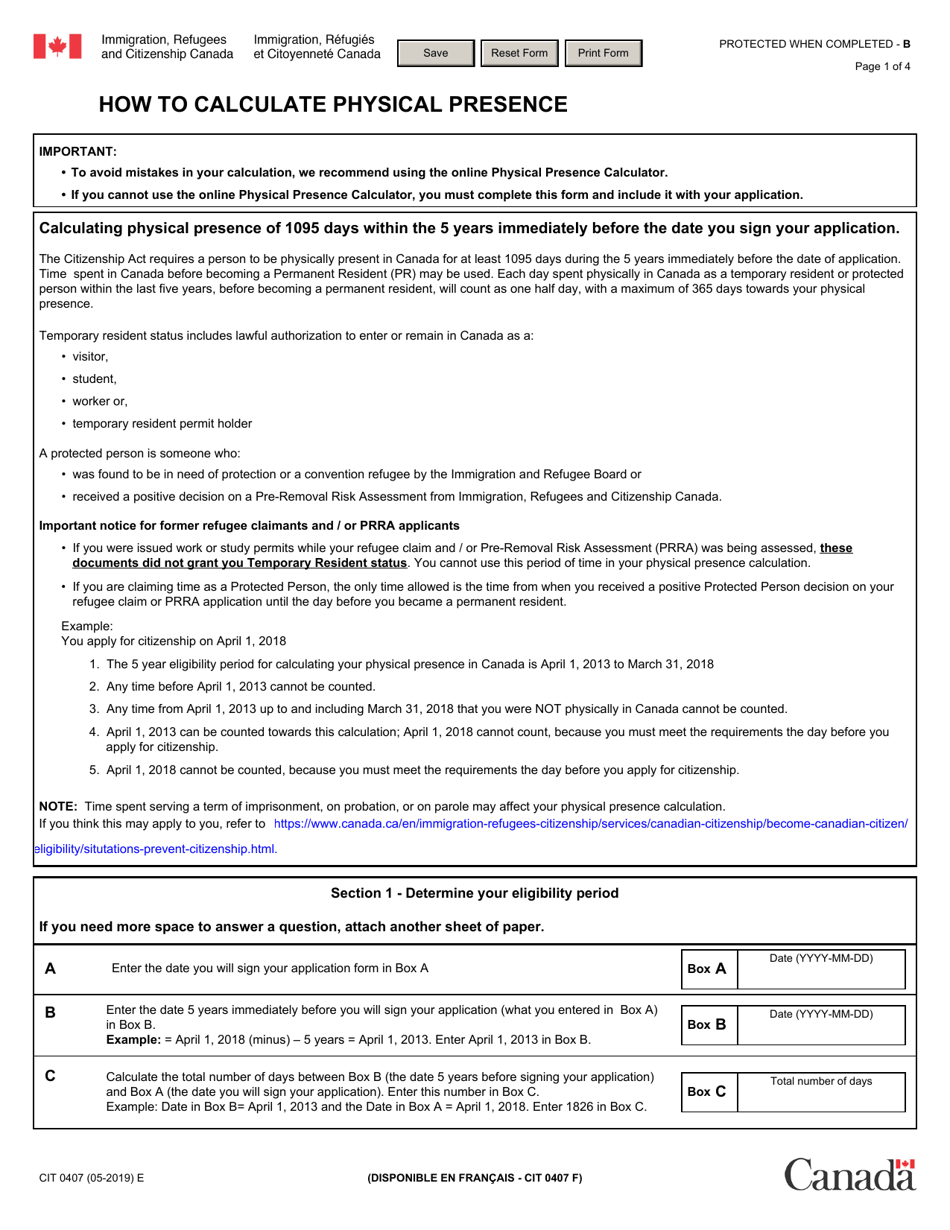 Form CIT0407 How to Calculate Physical Presence - Canada, Page 1