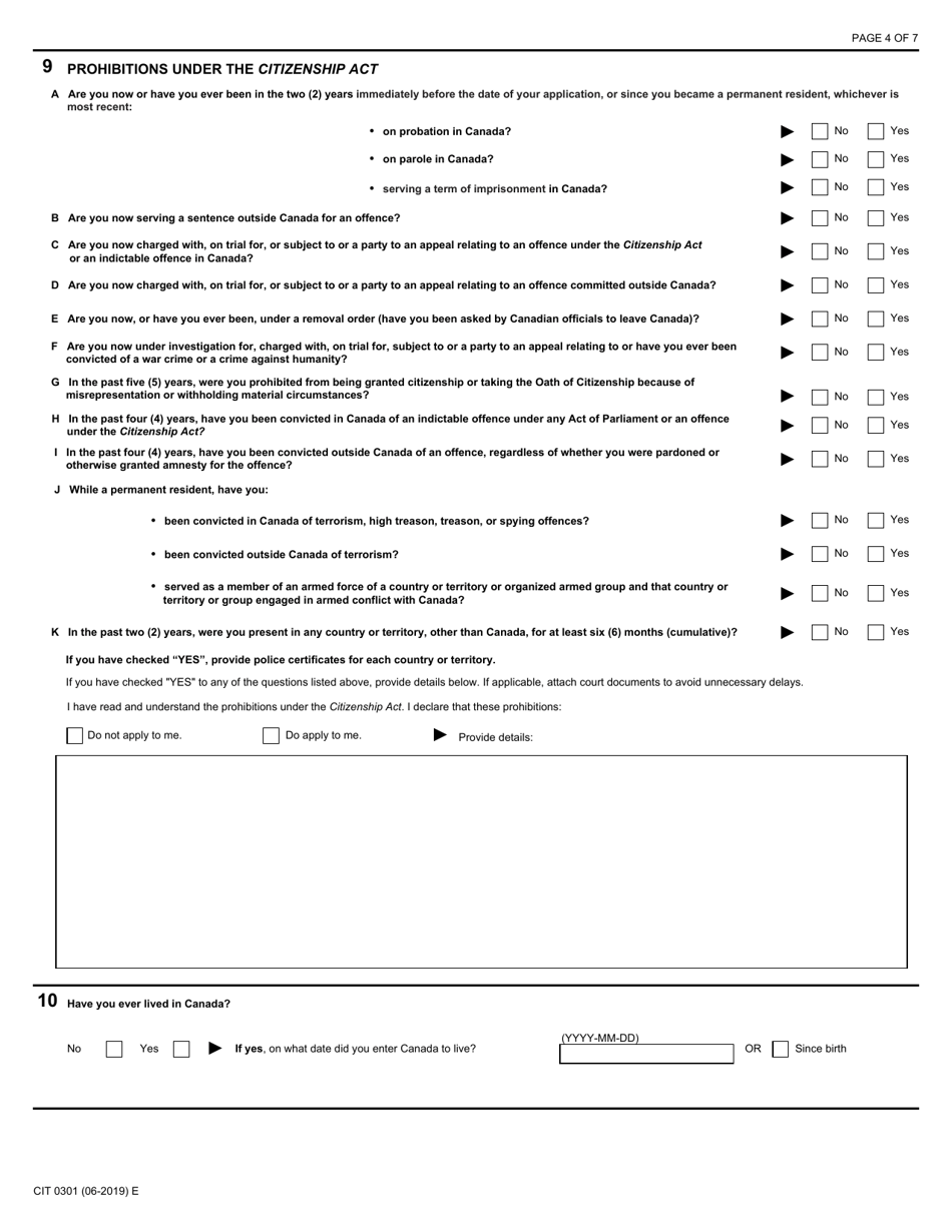 Form CIT0301 Application to Resume Canadian Citizenship Under Subsection 11(1) - Canada, Page 4