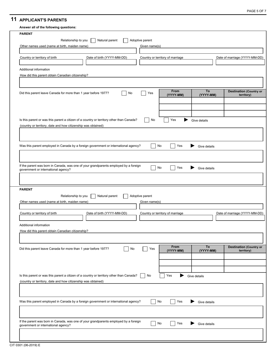 Form CIT0301 Application to Resume Canadian Citizenship Under Subsection 11(1) - Canada, Page 5