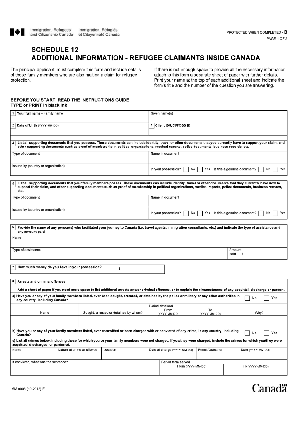 Form IMM0008 Schedule 12 Additional Information - Refugee Claimants Inside Canada - Canada, Page 1