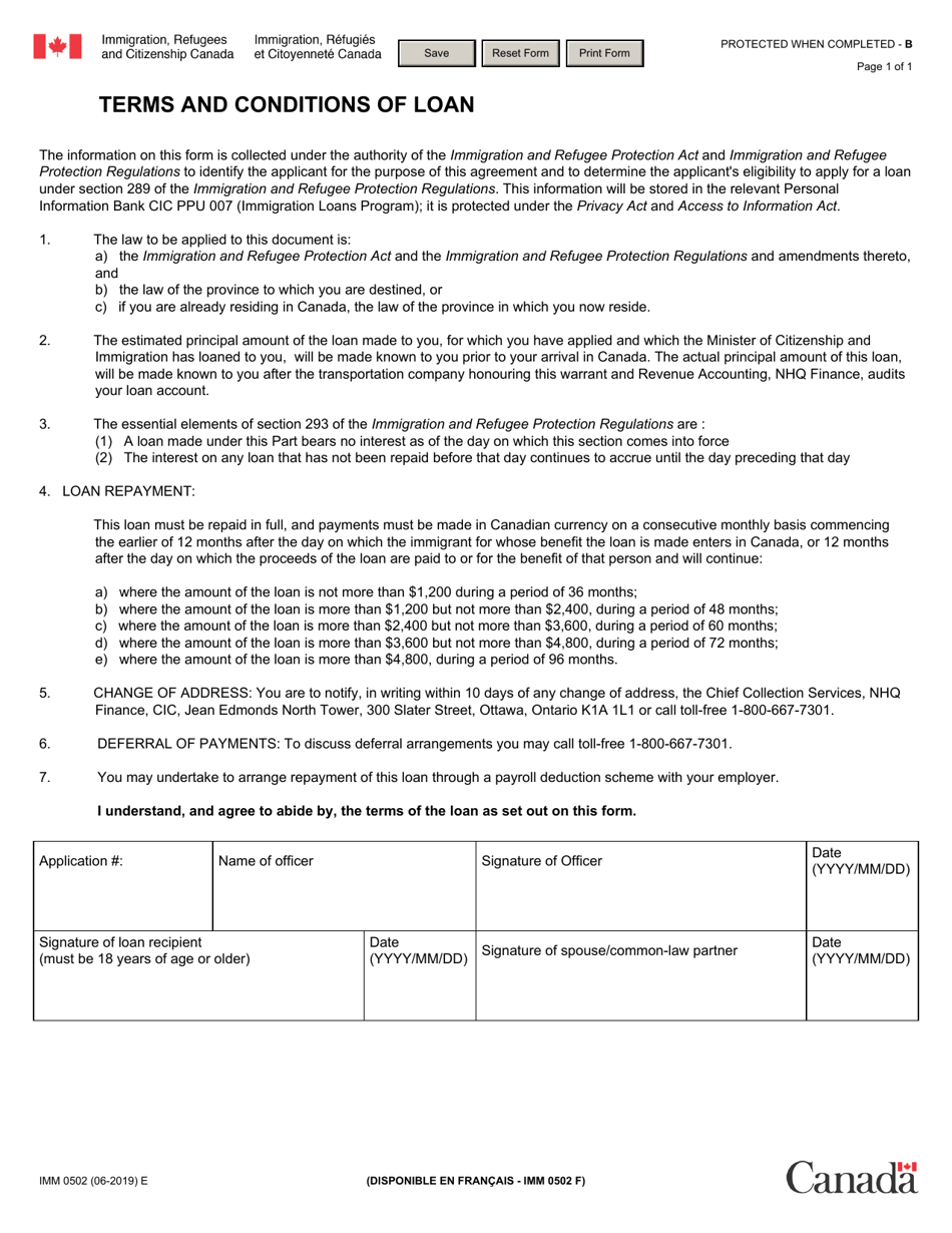 Form IMM0502 Terms and Conditions of Loan - Canada, Page 1