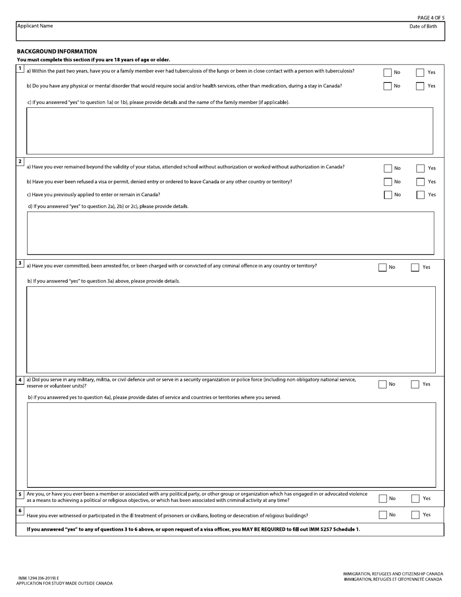 Form IMM1294 Application for Study Permit Made Outside of Canada - Canada, Page 4