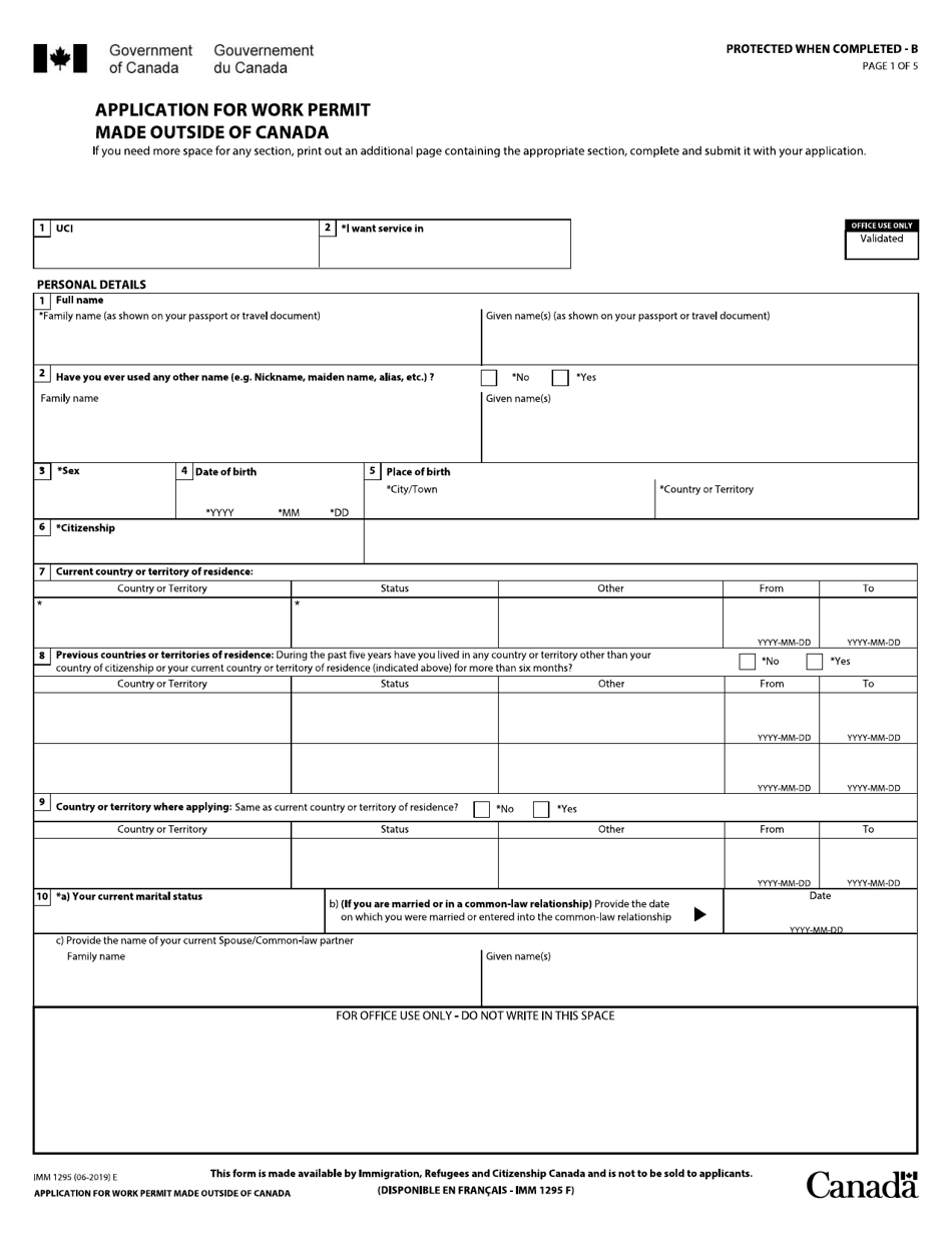 Form IMM1295 Application for Work Permit Made Outside of Canada - Canada, Page 1