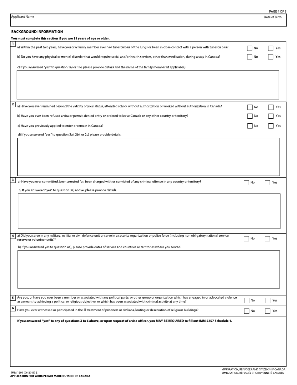 Form IMM1295 Application for Work Permit Made Outside of Canada - Canada, Page 4
