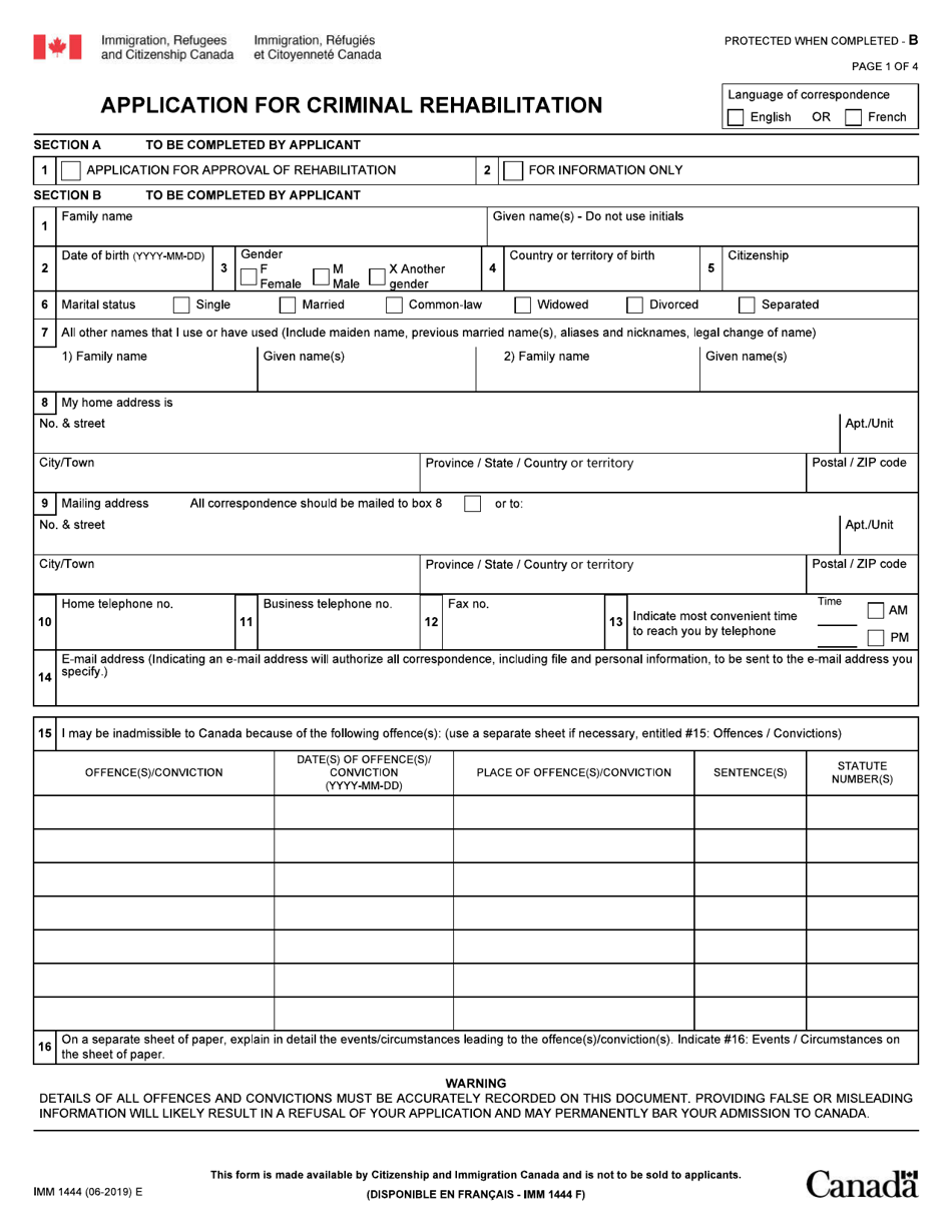 Form IMM1444 Application for Criminal Rehabilitation - Canada, Page 1