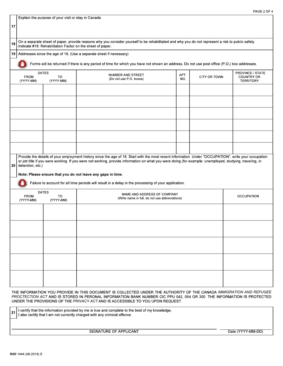 Form IMM1444 Application for Criminal Rehabilitation - Canada, Page 2