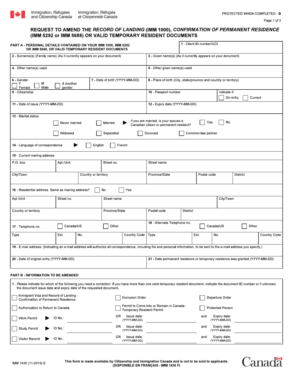 Form IMM1436 Request to Amend the Record of Landing (Imm 1000), Confirmation of Permanent Residence (Imm 5292 and Imm 5688) or Valid Temporary Resident Documents - Canada, Page 1