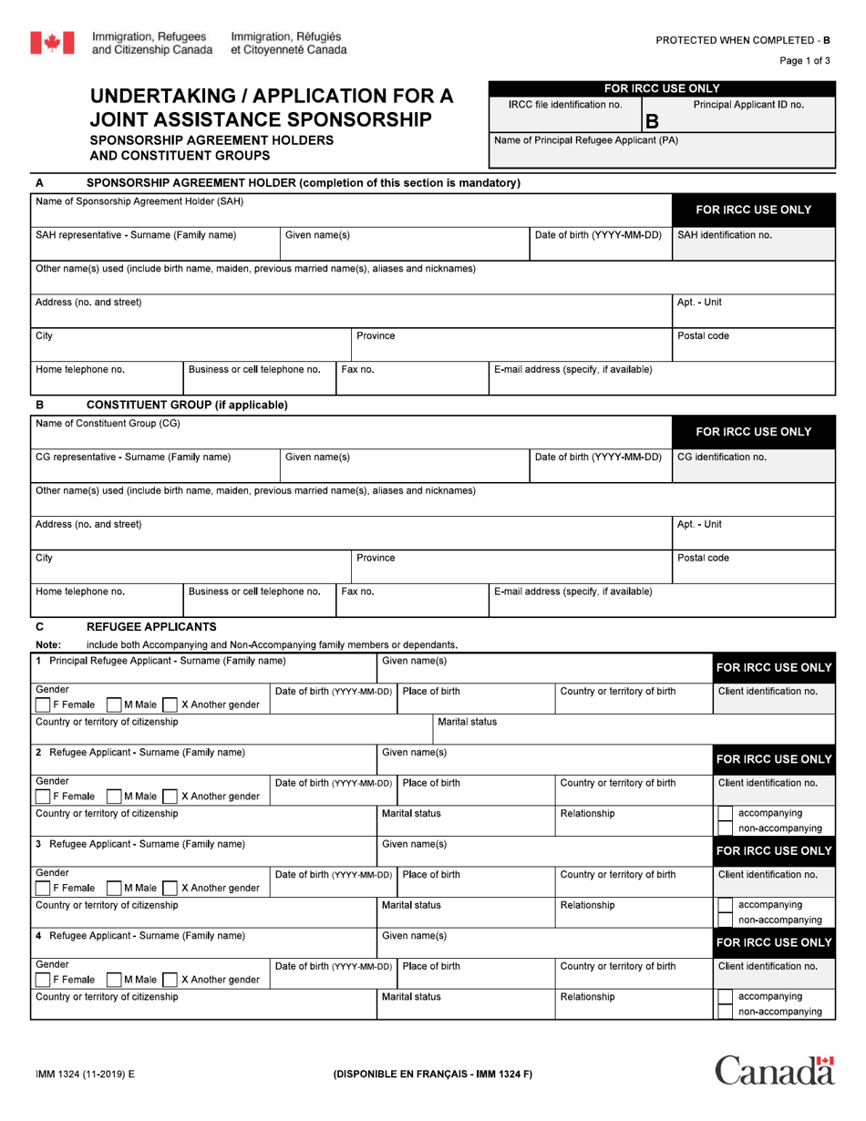 Form IMM1324 Undertaking / Application for a Joint Assistance Sponsorship - Canada, Page 1