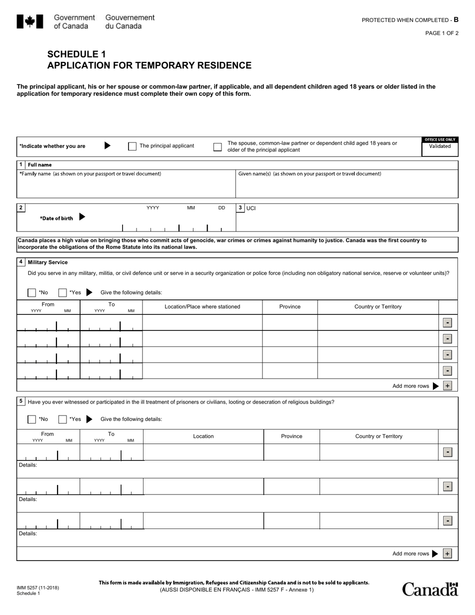 Form IMM5257 Schedule 1 Application for Temporary Residence - Canada, Page 1